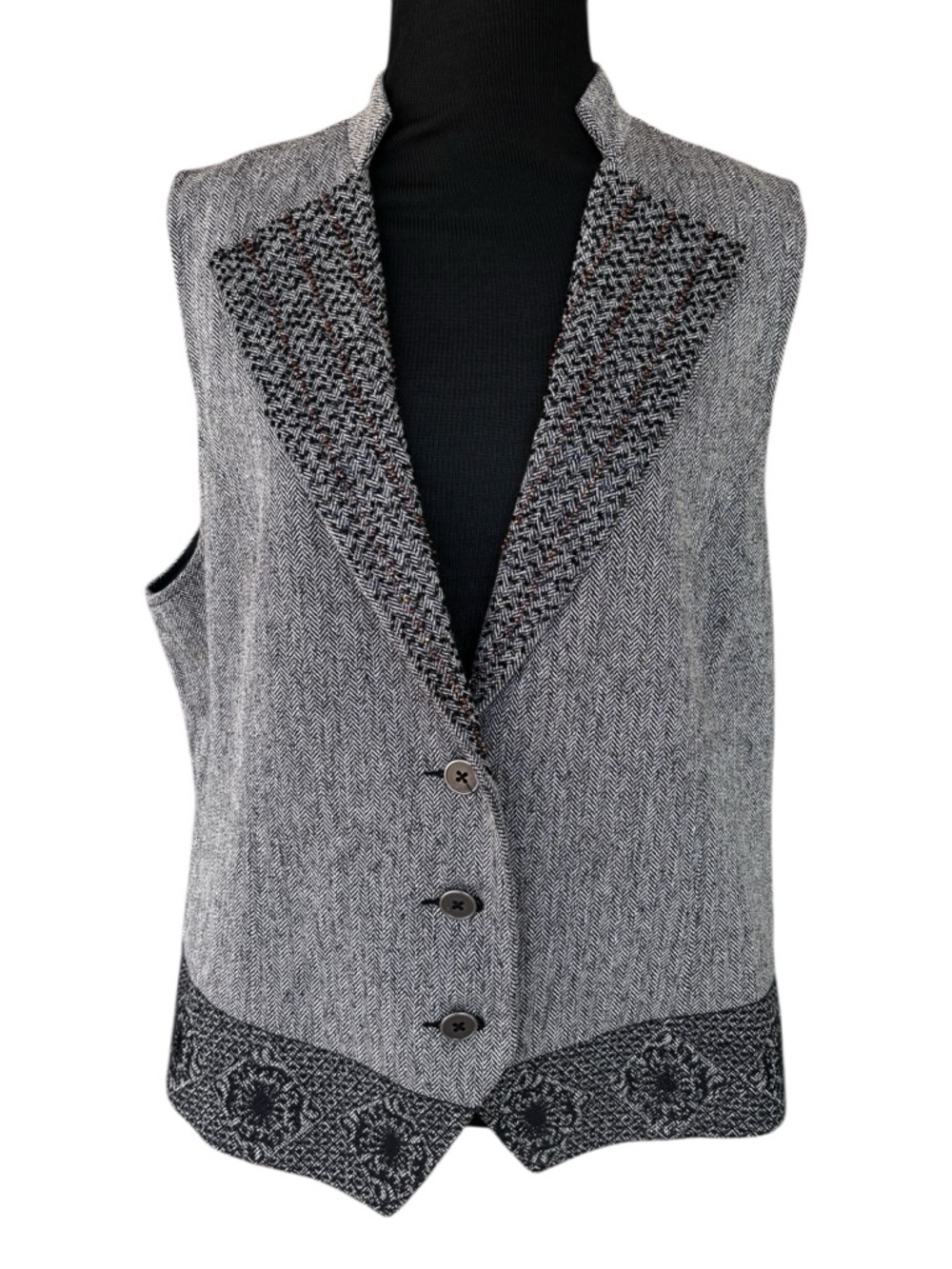 Coldwater Creek Herringbone Tweed Vest Gray Black Knit Trim Womens Large L